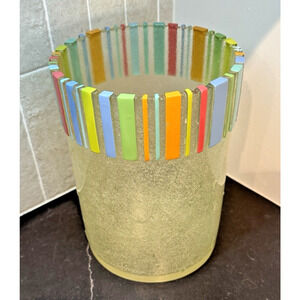CROSCILL Multi-Colored Striped Rim Frosted Lucite Hand Painted Wastebasket VTG